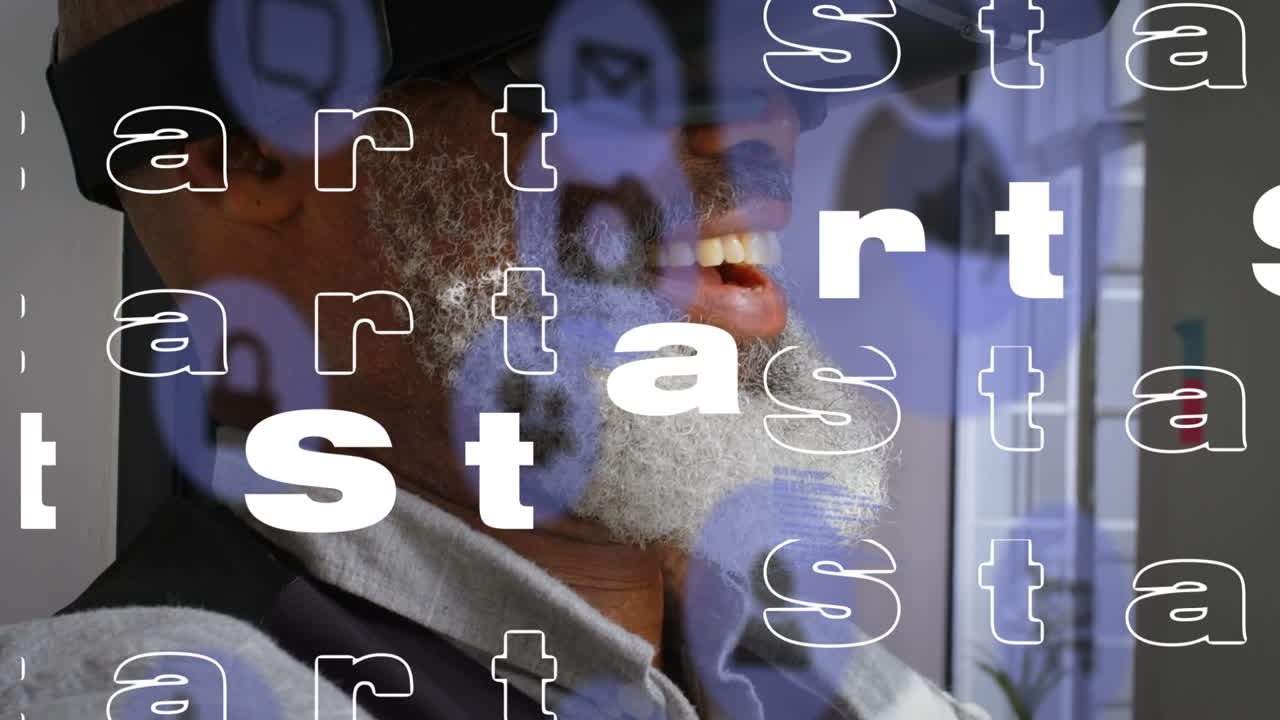 animación del procesamiento de datos sobre un hombre afroamericano usando auriculares vr