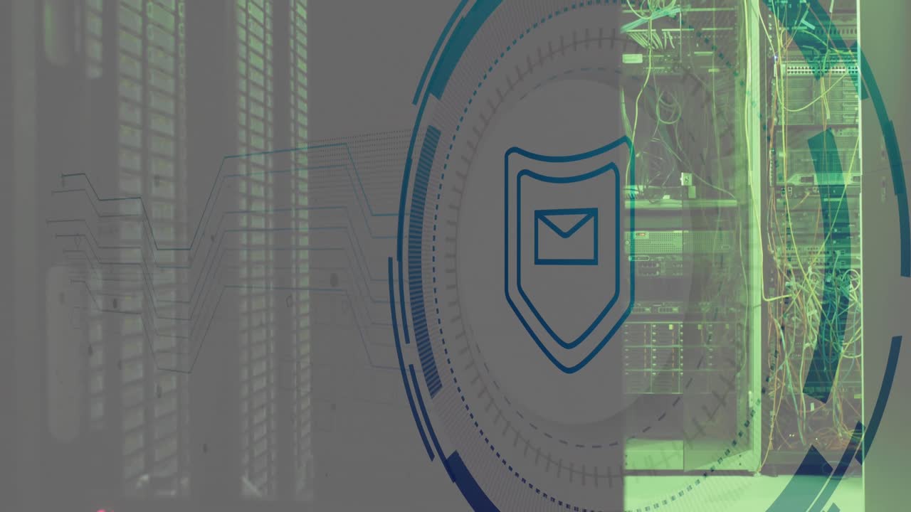 Animation of message icon in circle over data server systems