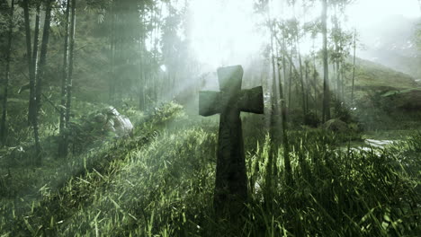 ancient cross in a mystic forest