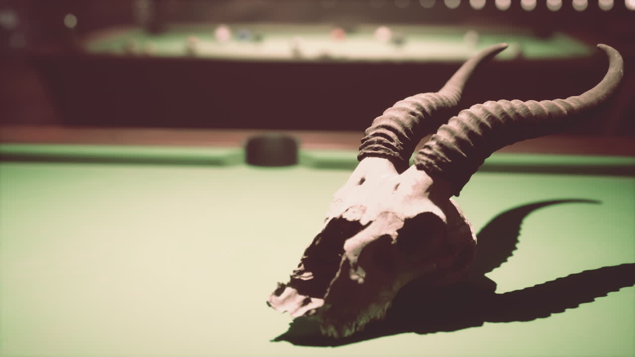 cráneo de animal en la mesa de billar