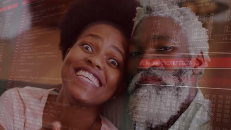 tomando selfies, pareja sonriente con animación de cifrado de archivos