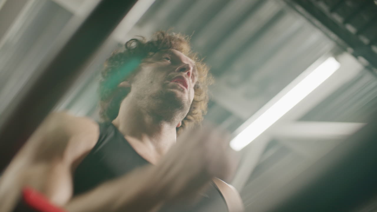 Low Angle of Athletic Man Running on Treadmill in Fitness Center