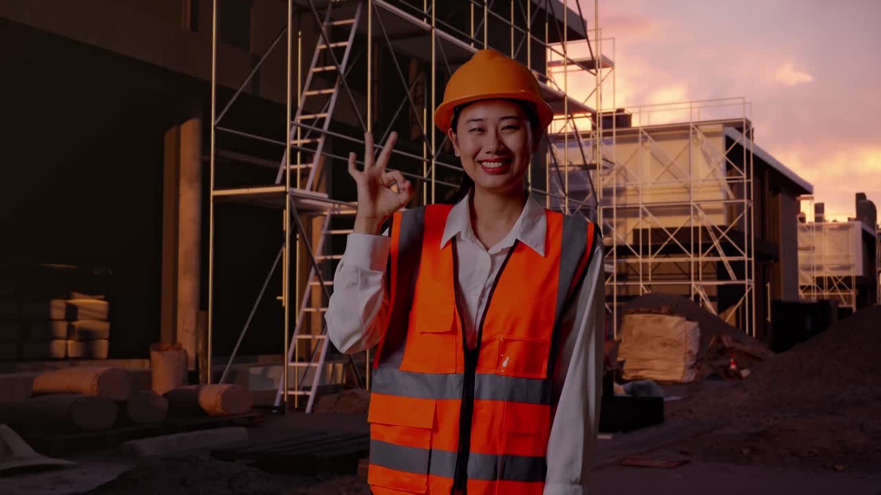 Asian Female Engineer With Safety Helmet Smiling And Showing Okay Gesture To The Camera While Standing At Construction Site in Progress to New House