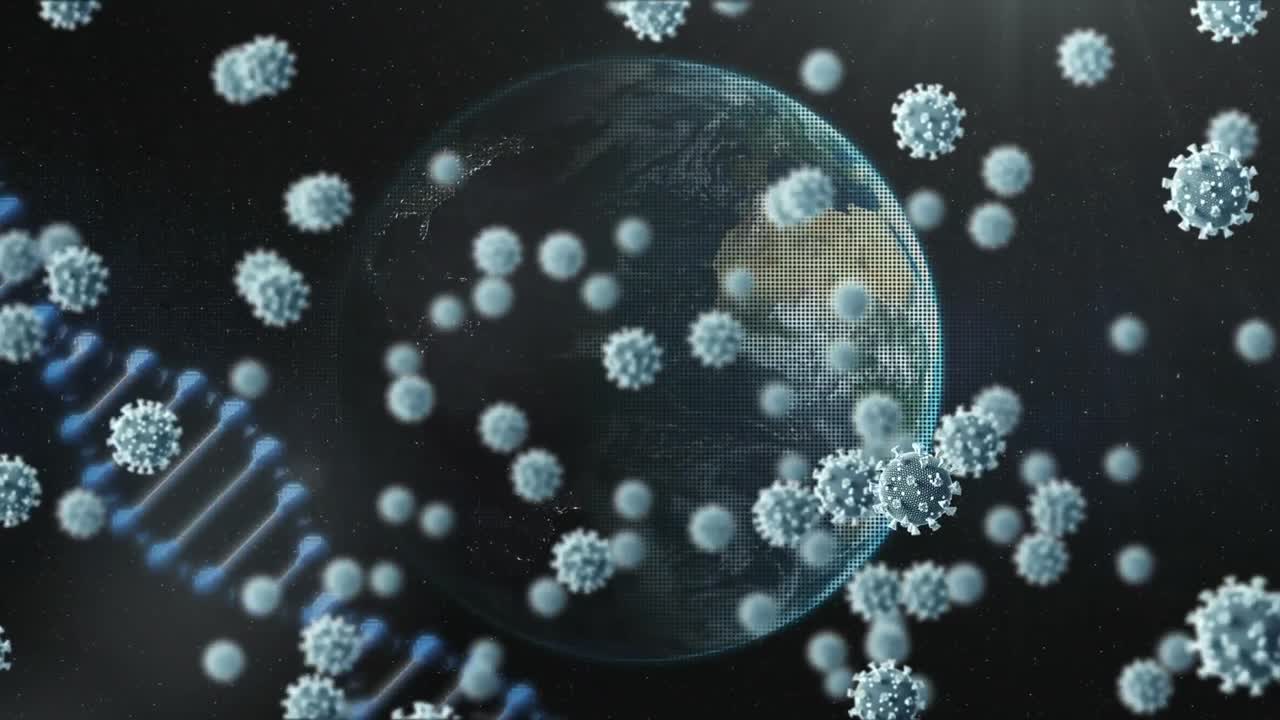 DNA structure and Covid-19 cells over globe against black background