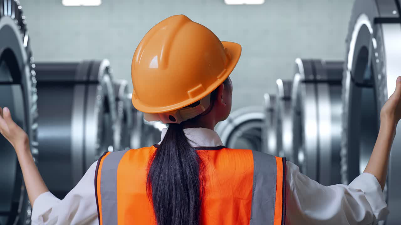 vista posterior cercana de una ingeniera con casco de seguridad extendiendo los brazos mientras está de pie en una fábrica de metales