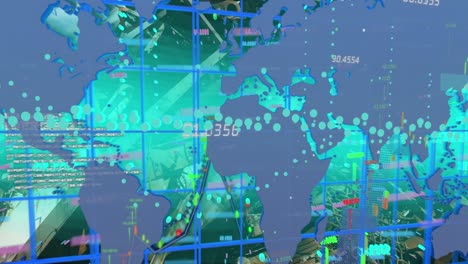 animación de datos financieros sobre el mapa del mundo sobre fondo azul