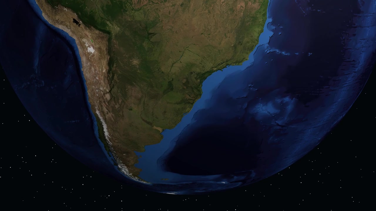 Animazione digitale che zooma dallo spazio sull'America del Sud, individuando Canoas, Brasile, con indicatori di posizione.