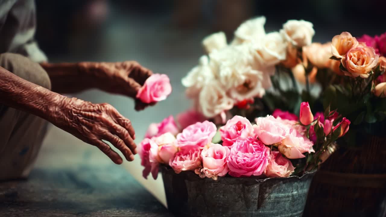 Un moment de tendresse capturé alors qu’un artisan âgé arrange avec soin des roses éclatantes, mettant en valeur la beauté de la nature et le talent artistique impliqué dans la composition florale.