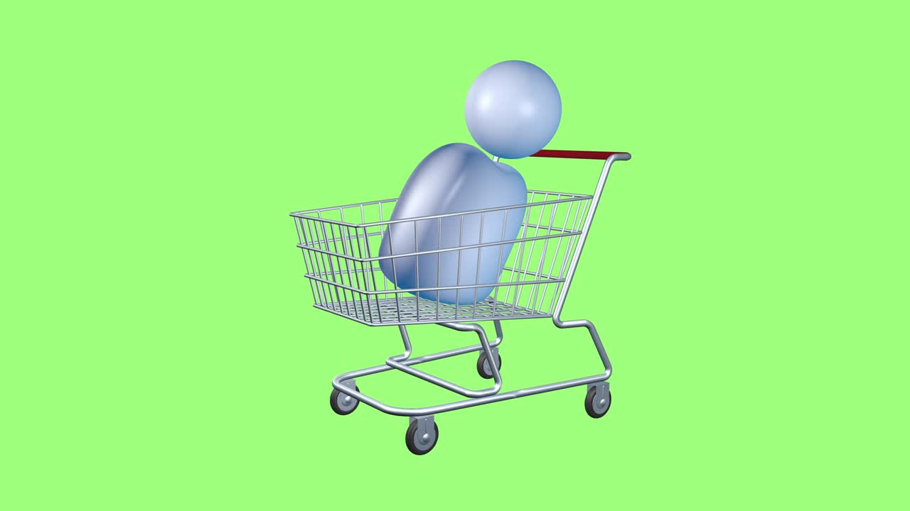 상업의 상징으로 가상 인간 표지판과 식료품 바구니: 사람들의 판매 및 구매의 애니메이션; 녹색 화면 고립; 애니메이션 3d 아이콘; 비즈니스 및 상업 산업.