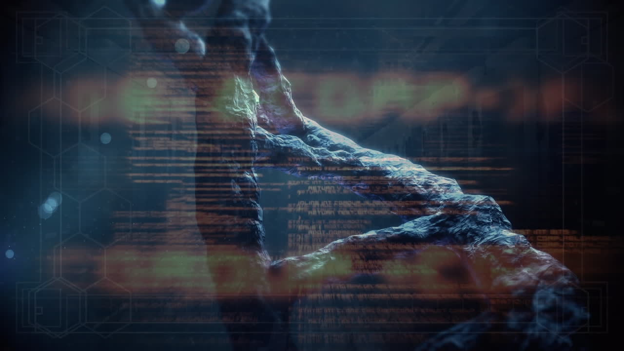 Animation of screens with medical data processing over spinning dna structure on blue background