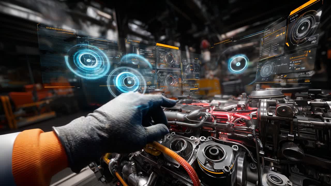 Advanced Engine Diagnostics: A Skilled Technician Interactively Analyzing a Complex Engine System Using Augmented Reality Technology and Smarter Visual Tools for Enhanced Performance Precision