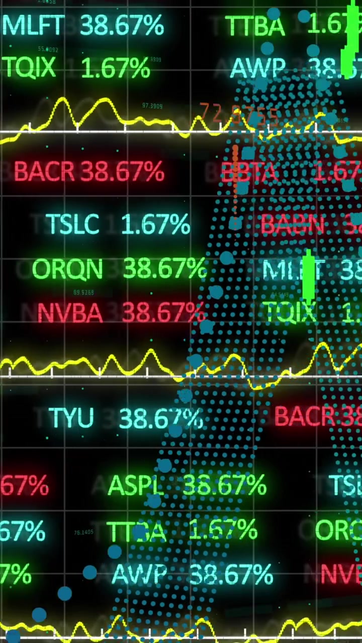 Animazione di elaborazione dati e mercato azionario su sfondo nero.