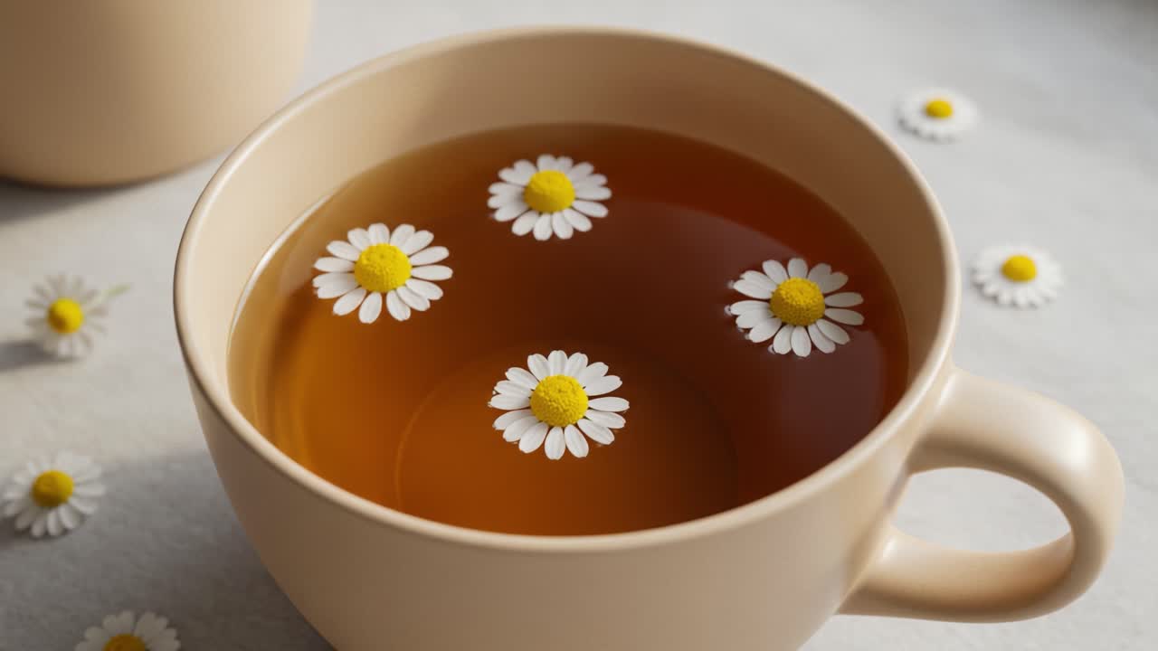 A Serene Cup of Herbal Tea with Daisies Floating Gracefully, Creating a Calm and Inviting Atmosphere Perfect for Relaxation and Enjoyment