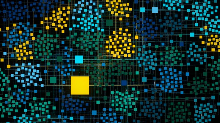complex digital grid network representing global data connectivity and technology, vibrant teal and yellow squares pulsing