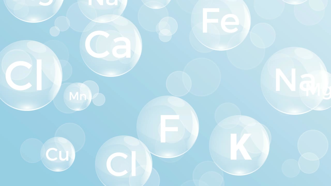 물 속의 미네랄 물질, 화학적 성분, 파란색 배경의 애니메이션 일러스트레이션