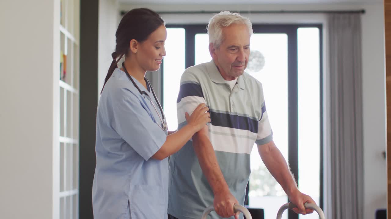 Animation of biracial female doctor taking care of caucasian senior man