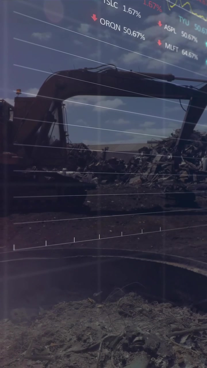 Animation of graphs, trading boards, smoke from burning scrap, crane in junkyard against cloudy sky