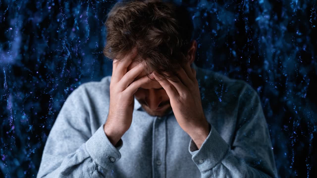 Un uomo mostra stress e disperazione tenendosi la testa in un'atmosfera cupa e piovosa, simboleggiando tormento interiore e dolore emotivo mentre affronta sentimenti travolgenti