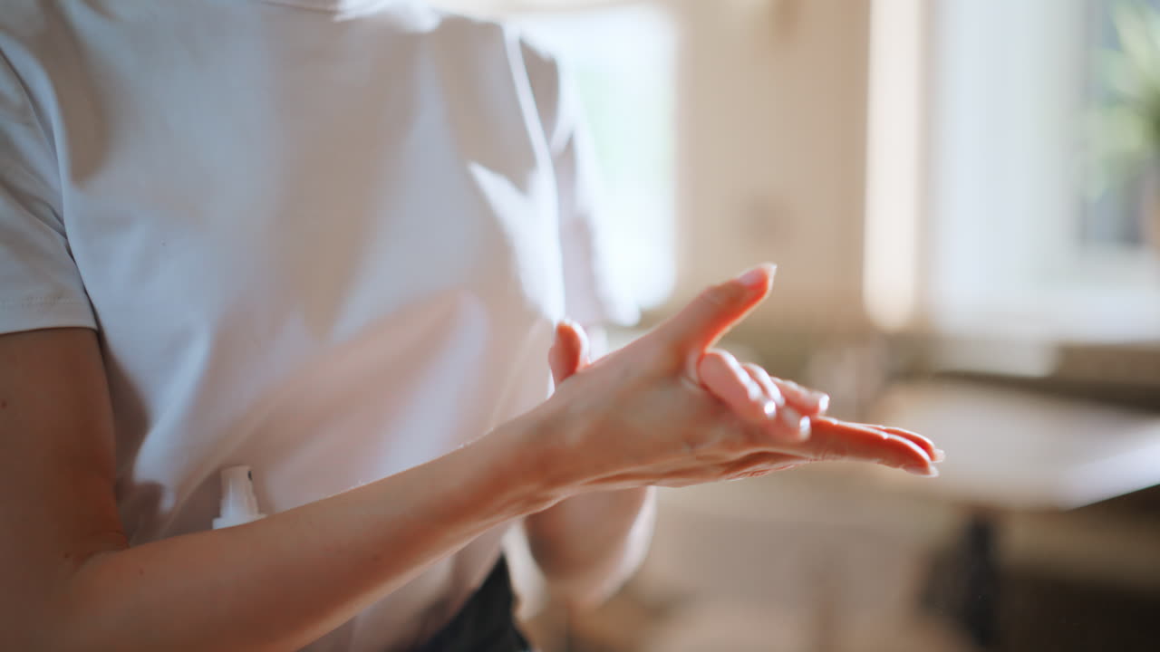 Restaurant staff sanitizing hands at light modern restaurant workplace closeup
