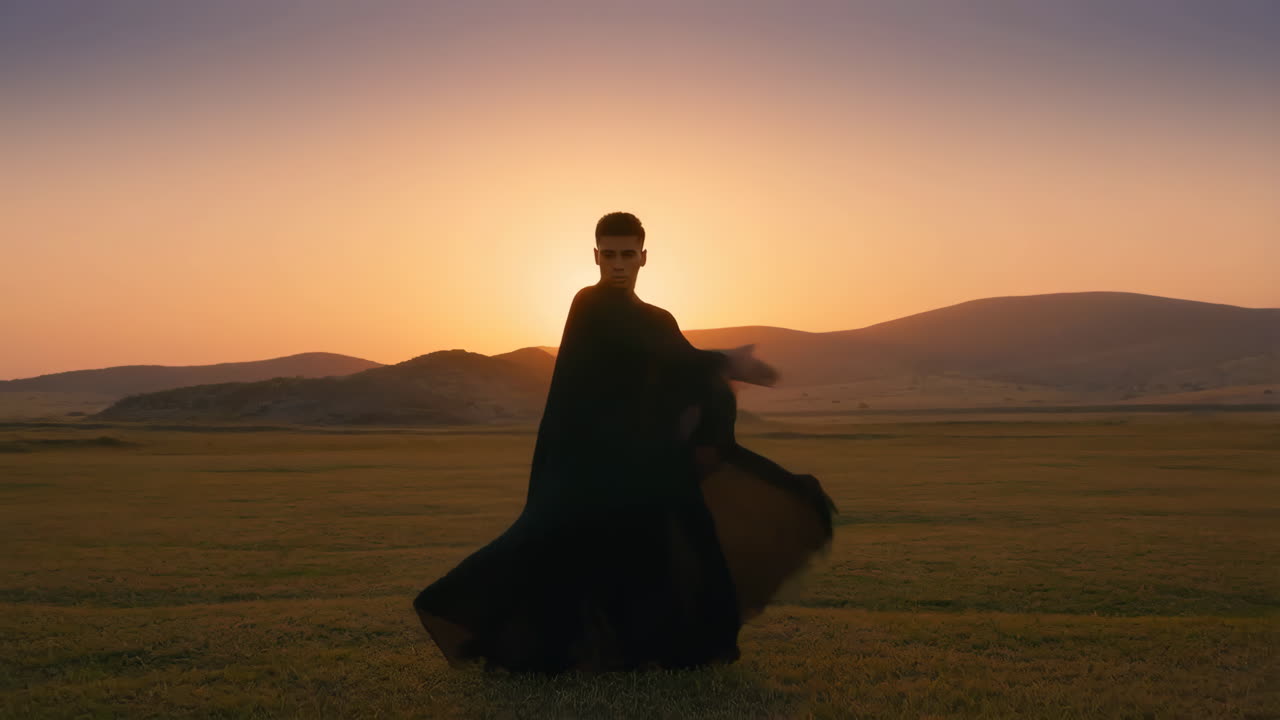 Man in Dress in Field at Sunset