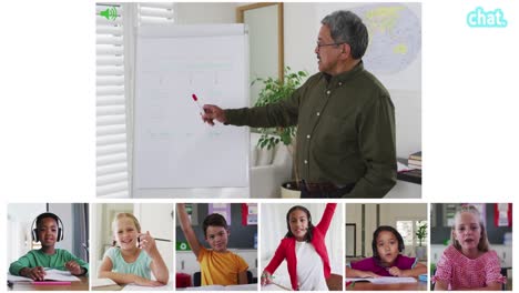 Animation-of-video-call-screens-of-chalkboard-and-diverse-teacher-and-children-having-online-lesson