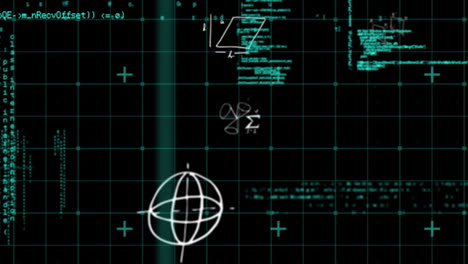 animation of mathematical symbols and data processing over grid network against black background