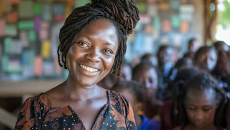 african female educator warmly smiling while guiding young students during collaborative learning inside rural classroom, fostering educational growth and community connection