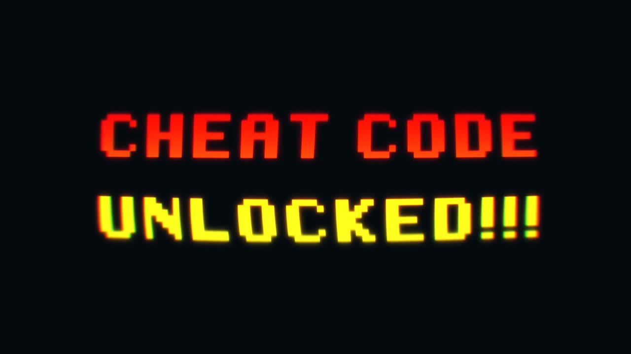 Animation of vibrant red and yellow text message saying Cheat Code Unlocked, retro 8-bit pixelated font