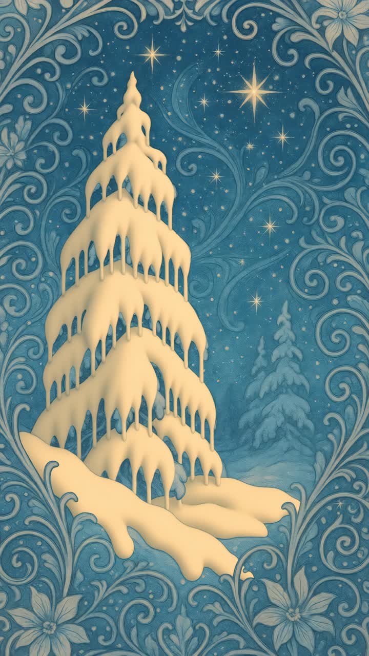 A whimsical winter scene with snow-covered trees under a starry sky, captured from a low angle