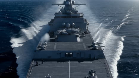 a large modern warship sailing on the open ocean, viewed from above