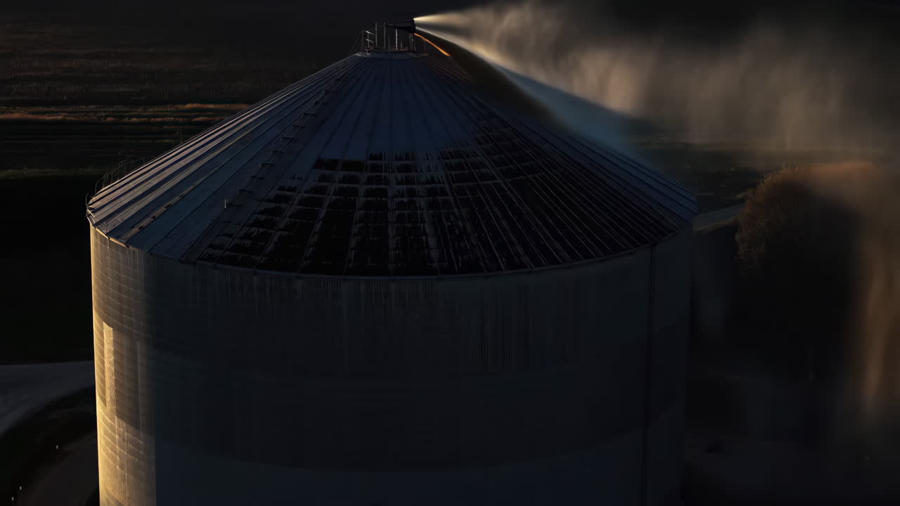 Grain Silo Emitting Vapor in Golden Light