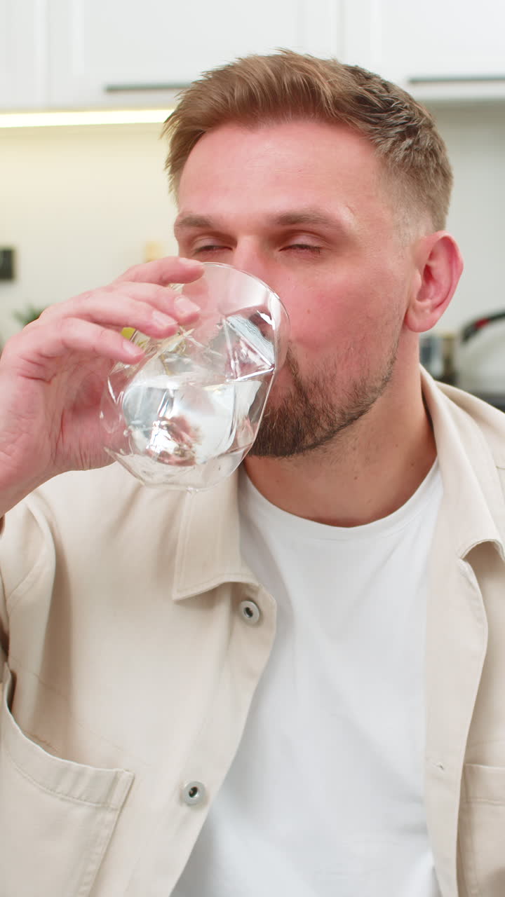 Young man drinks water big sip healthy habit hydration focus energy pause refresh wellness routine
