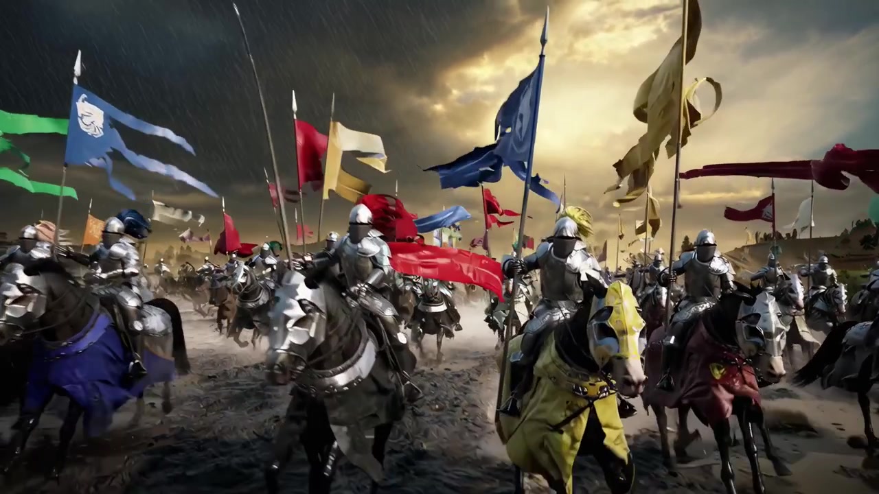 Large Army of Medieval Knights on Horseback Charging Across a Battlefield