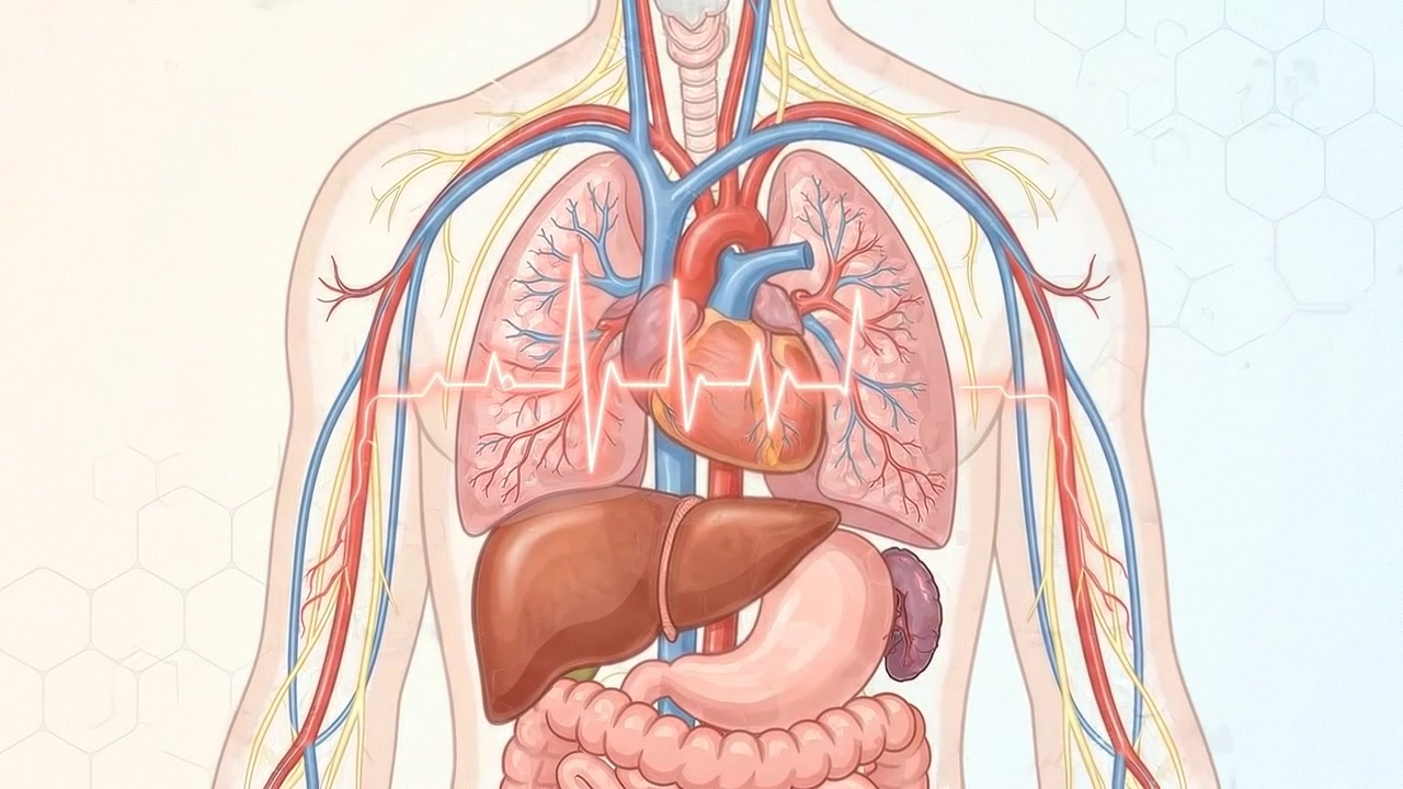 Medical Illustration of Human Digestive and Internal Organ Systems on Light Background