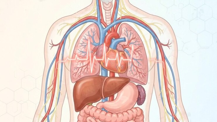 Medical Illustration of Human Digestive and Internal Organ Systems on Light Background