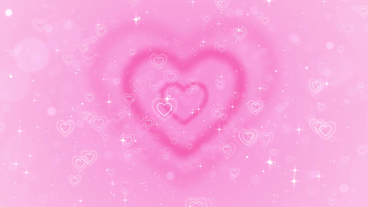 Pink romantic hearts background glowing heart outlines soft bokeh sparkle particles pastel love mood