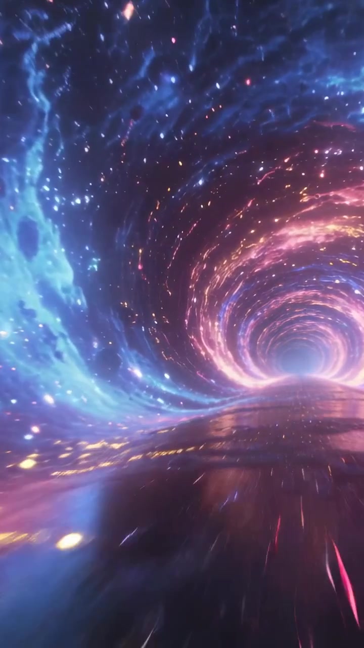 Vertical video: Racing camera into central vortex and shiny path through space tunnel, with sparks