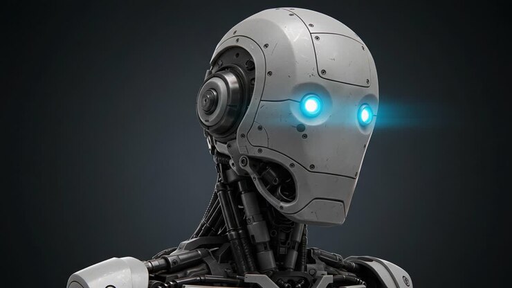 Un robot umanoide avanzato con occhi illuminati che mostra il suo design e i suoi meccanismi futuristici in una prospettiva ravvicinata accattivante.