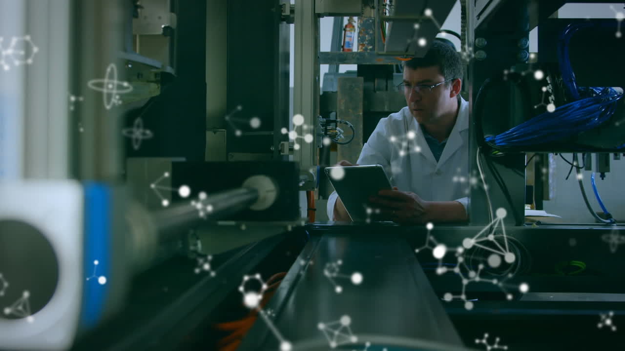 Animation of molecules floating and data processing over male scientist with tablet