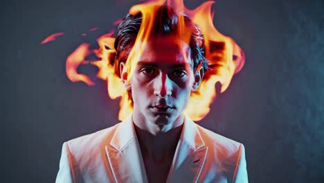 Studio portrait of a young male model with digitally added flames on his head, creating a surreal and artistic effect against a dark background
