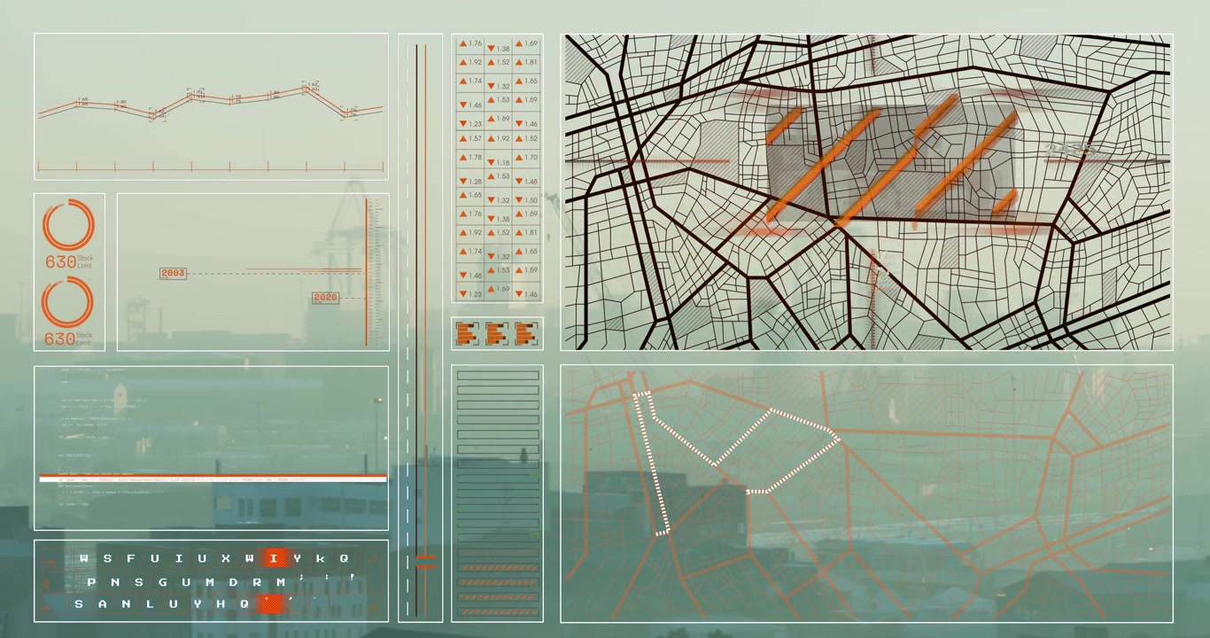 A cityscape with multiple modern buildings and a construction site with smog