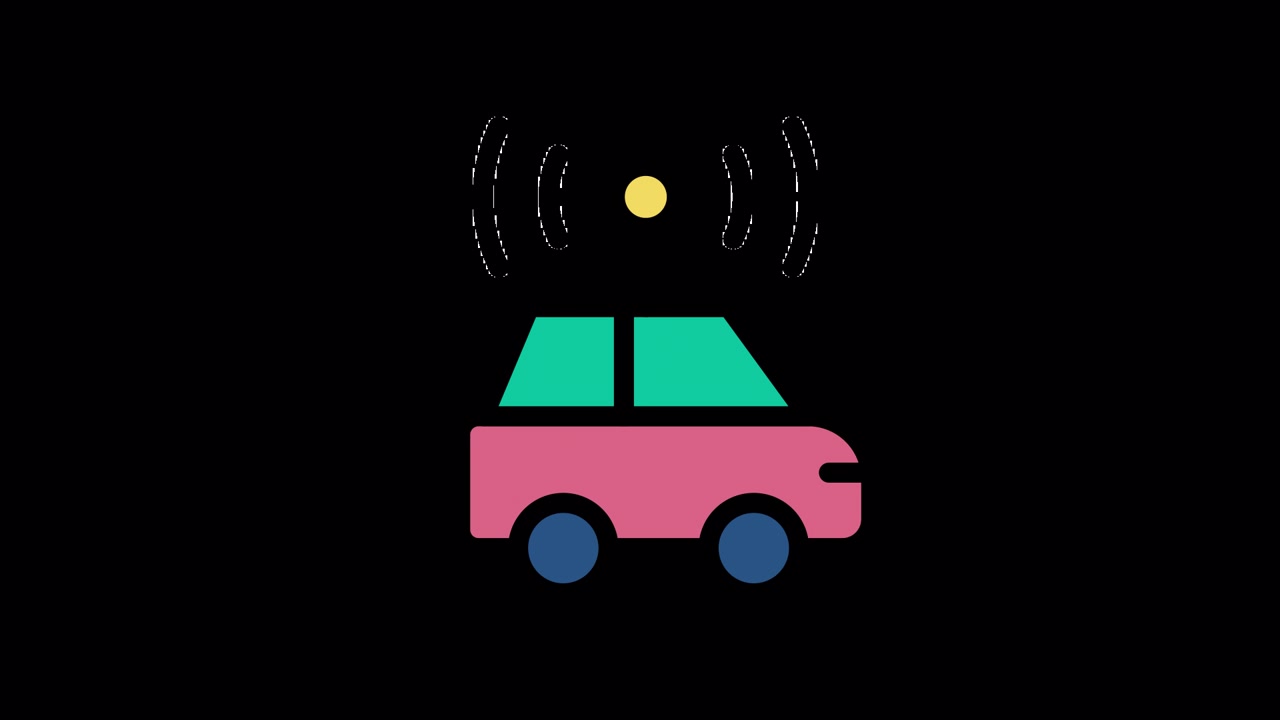 Icona animata di un'auto autonoma connessa che emette segnali wireless