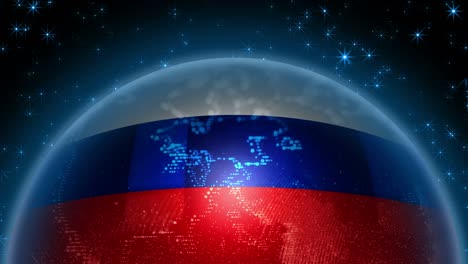 russia flag strung on planet earth. abstraction of a globe with the contours of the continents.