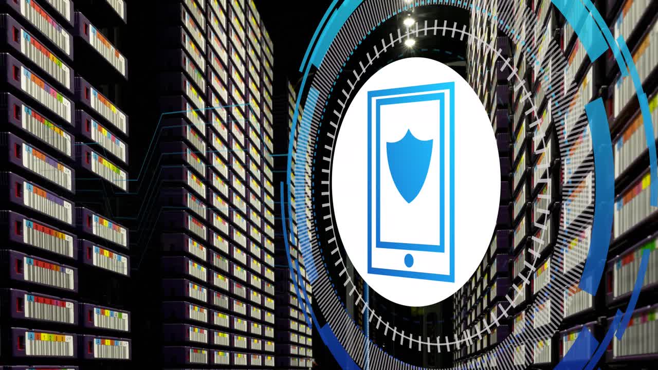 Animation of data processing with shield icon over server room