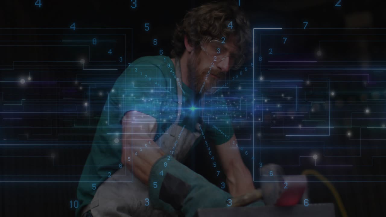 Technician reaching and securing block in clamp, hammering workpiece for shaping under AR grid