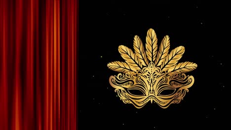 animation of gold carnival mask and red curtain over snow falling on black background