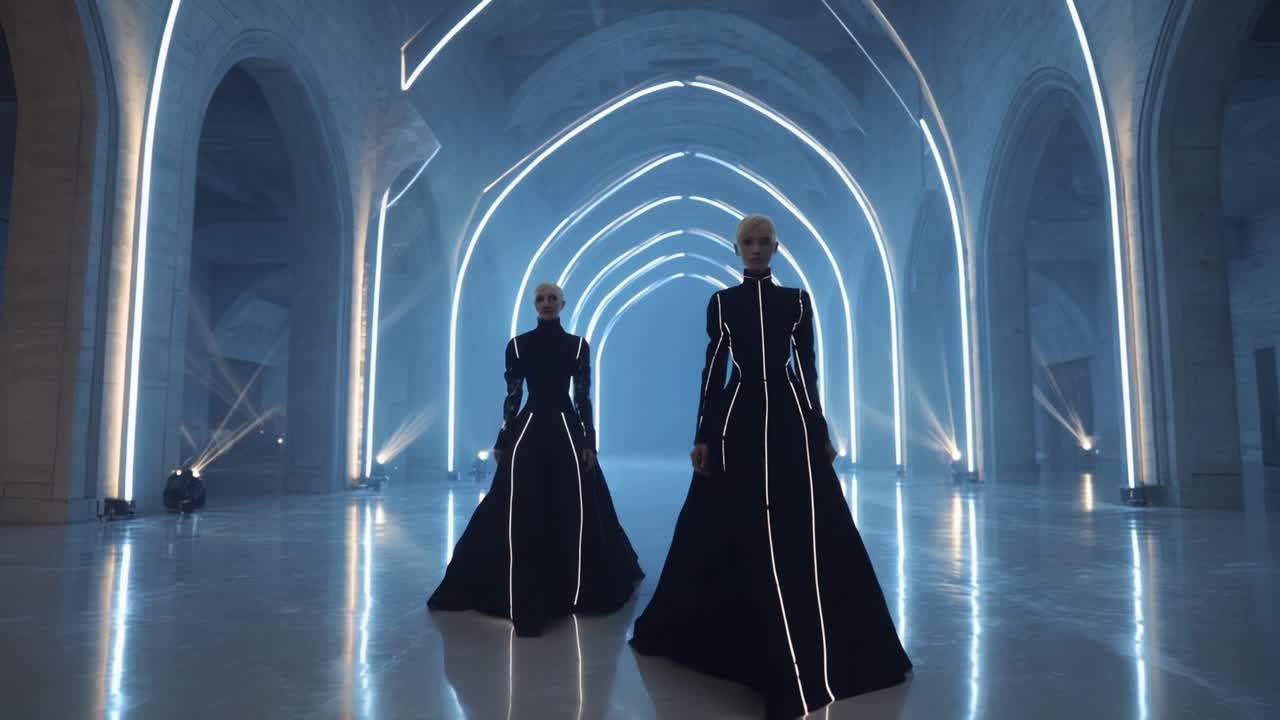 Futuristic Fashion Showdown: Two Stylish Figures in Black Dresses with Illuminated Patterns Strolling Through an Ethereal, Architecturally Striking Space Beneath Mesmerizing Arches and Soft Lighting