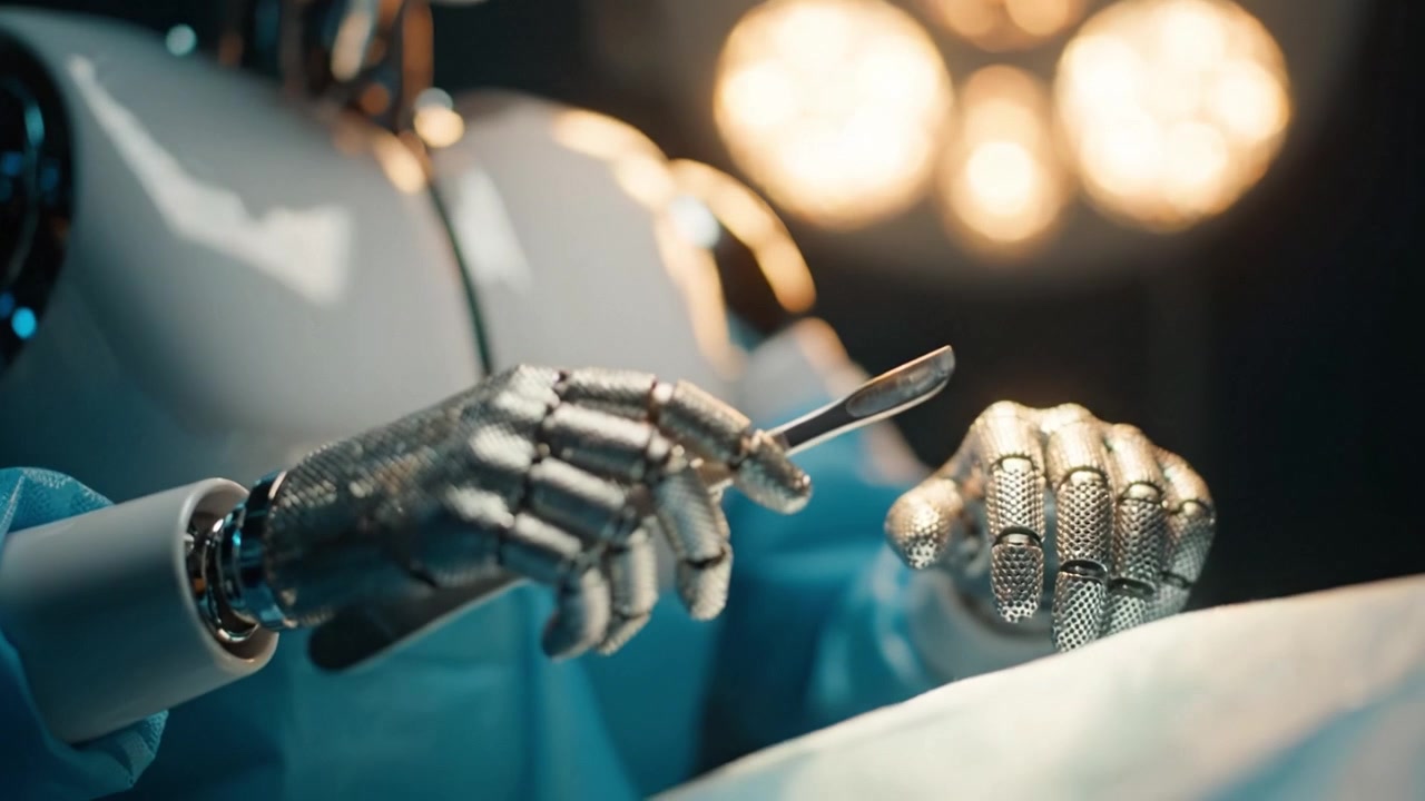 A futuristic surgical robot skillfully prepares for an intricate operation, showcasing advanced technology and precision in a high-tech medical environment.