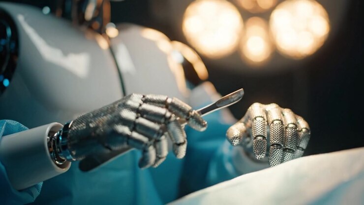 A futuristic surgical robot skillfully prepares for an intricate operation, showcasing advanced technology and precision in a high-tech medical environment.