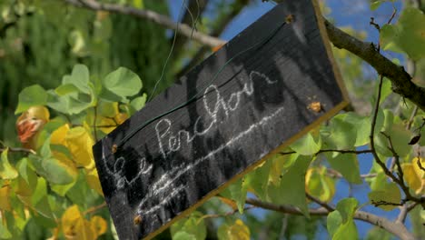 Cartel-De-Madera-Y-Pizarra-Que-Indica-La-Perca-O-Le-Perchoir-En-Francés-En-Cámara-Lenta-Con-árboles-En-El-Fondo-En-Francia